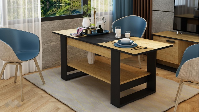 Холна маса Денвър разтегателна златен дъб с черно - изглед 4 - МебелМаг Холна маса Денвър разтегателна златен дъб с черно - изглед 4