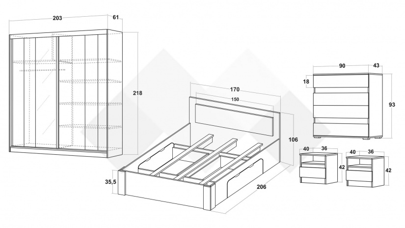 Спален комплект Хелиос дъб стокхолм със сиво и бяло гладко - изглед 2