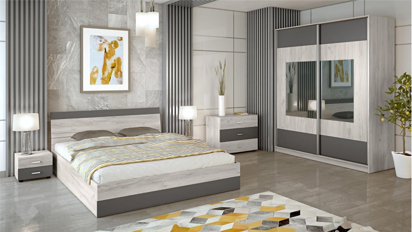 Спален комплект Ибиза с включен матрак Бонел 160/200 северен дъб с антрацит - изглед 1 - МебелМаг Спален комплект Ибиза с включен матрак Бонел 160/200 северен дъб с антрацит - изглед 1