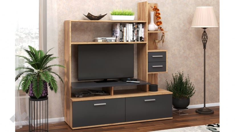 Секция Аликанте с открити рафтове златен дъб с антрацит - изглед 1 - МебелМаг Секция Аликанте с открити рафтове златен дъб с антрацит - изглед 1