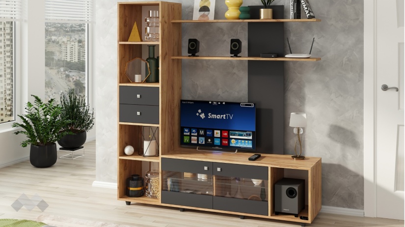 Секция Аверса с витрина златен дъб с антрацит - изглед 1 - МебелМаг Секция Аверса с витрина златен дъб с антрацит - изглед 1