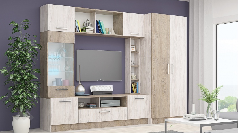 Секция Детройт с гардероб дъб бланко с дъб суров - изглед 1 - МебелМаг Секция Детройт с гардероб дъб бланко с дъб суров - изглед 1