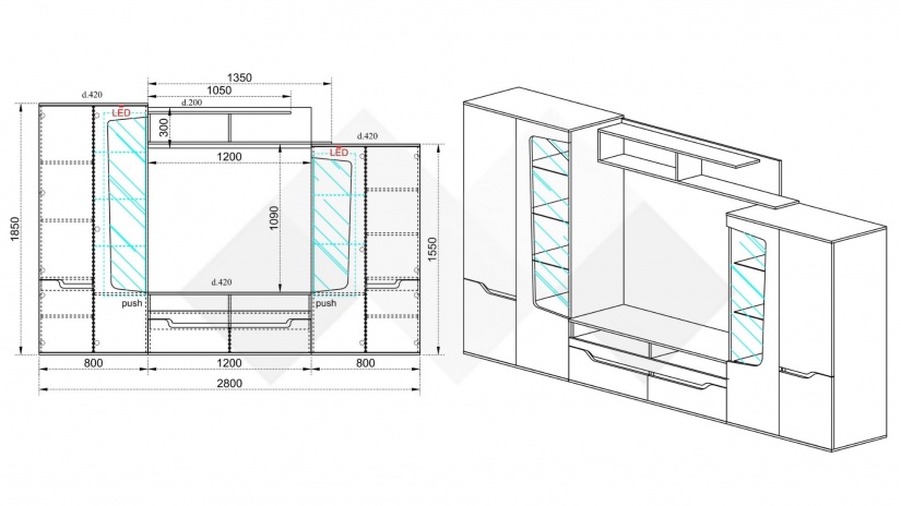 Секция Франческа с LED осветление бяло гланц с дъб дакота - изглед 3 - МебелМаг Секция Франческа с LED осветление бяло гланц с дъб дакота - изглед 3