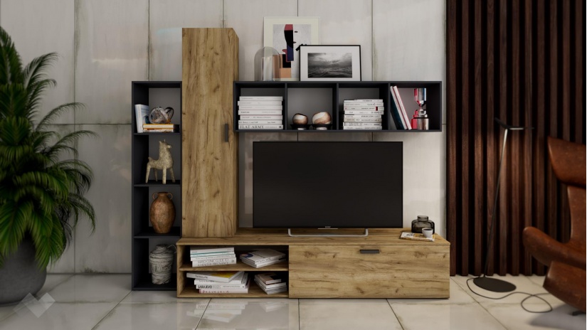 Секция Фреш с открити рафтове златен дъб и антрацит - изглед 1 - МебелМаг Секция Фреш с открити рафтове златен дъб и антрацит - изглед 1