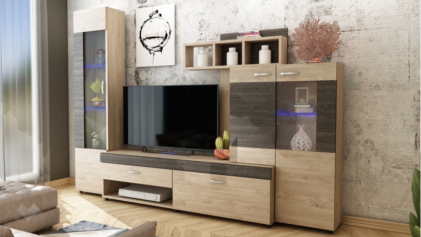 Секция Галакси с LED осветление пясъчен дъб с винтидж - изглед 1 - МебелМаг Секция Галакси с LED осветление пясъчен дъб с винтидж - изглед 1