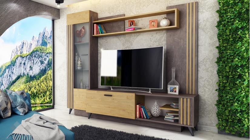 Секция Хана с витрина тъмен бетон със златен дъб - изглед 2