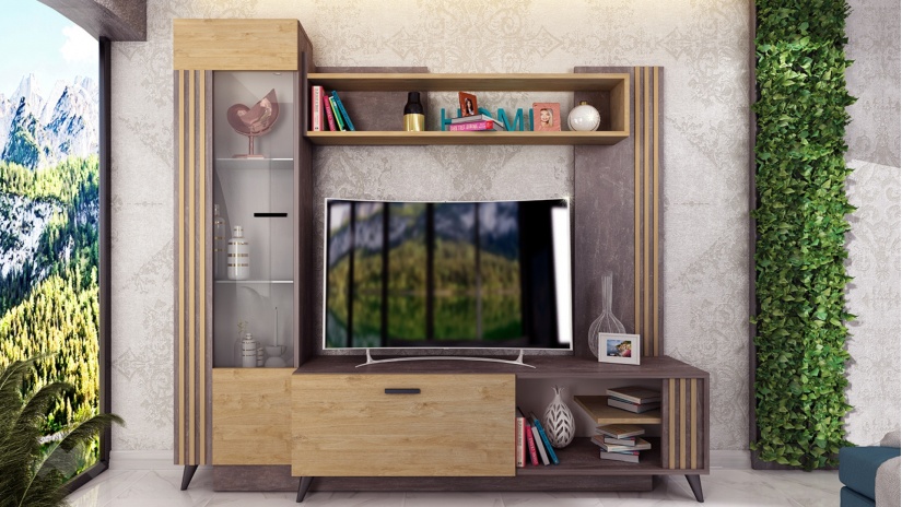 Секция Хана с витрина тъмен бетон със златен дъб - изглед 1