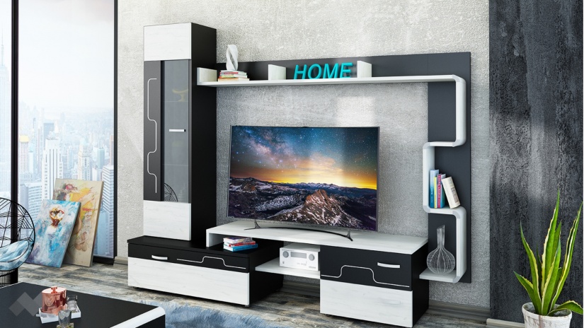 Секция Крафт с витрина черно шагре с дъб крафт бял - изглед 1 - МебелМаг Секция Крафт с витрина черно шагре с дъб крафт бял - изглед 1