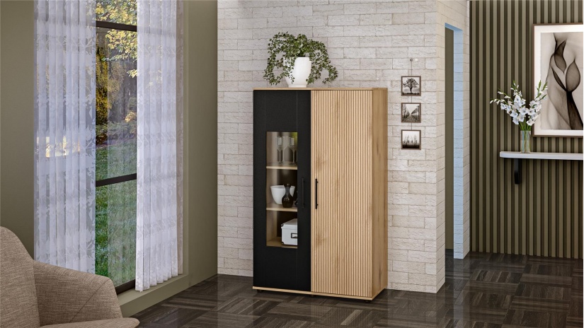 Секция Ламела модулни дъб канела с дъб ламела и черно шагре - изглед 3 - МебелМаг Секция Ламела модулни дъб канела с дъб ламела и черно шагре - изглед 3