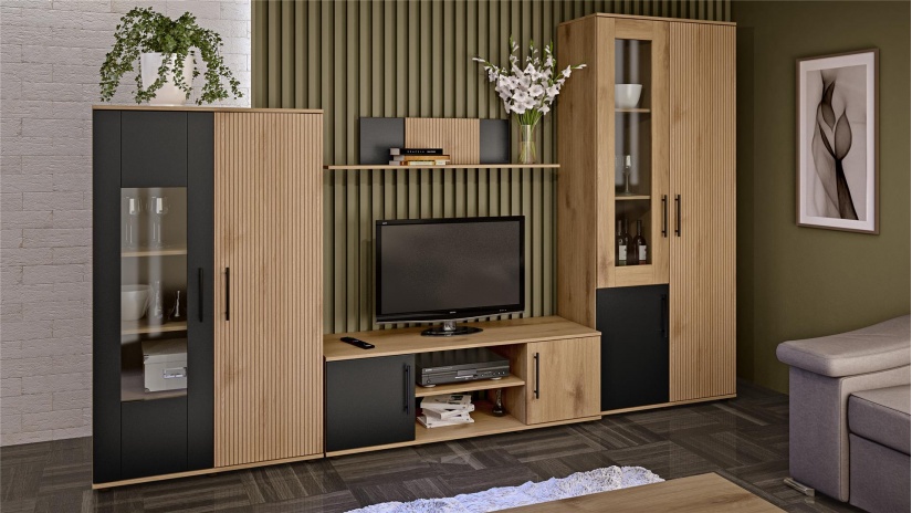 Секция Ламела модулни дъб канела с дъб ламела и черно шагре - изглед 1 - МебелМаг Секция Ламела модулни дъб канела с дъб ламела и черно шагре - изглед 1