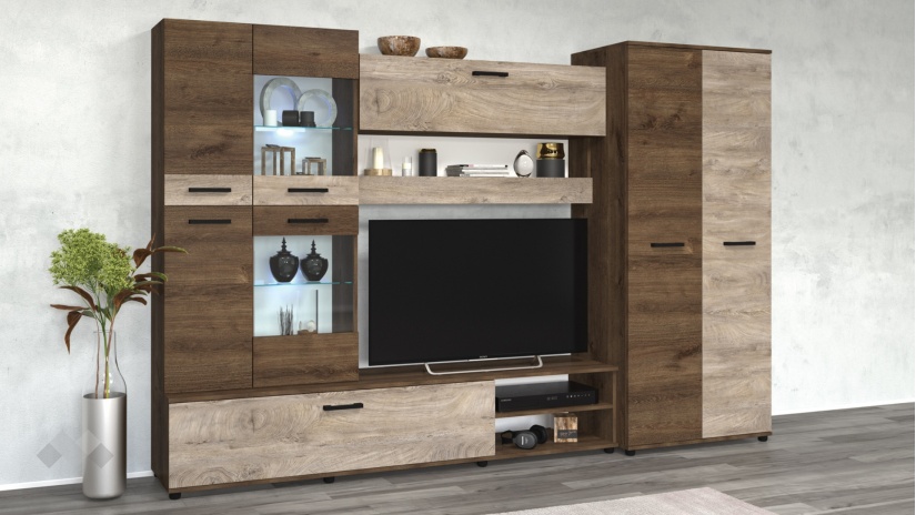 Секция Майли с LED осветление дъб бронз с дъб суров - изглед 1