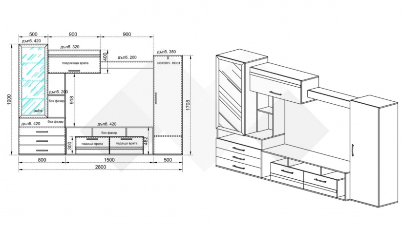 Секция Омаха с витрина тъмна сонома с венге - изглед 2 - МебелМаг Секция Омаха с витрина тъмна сонома с венге - изглед 2