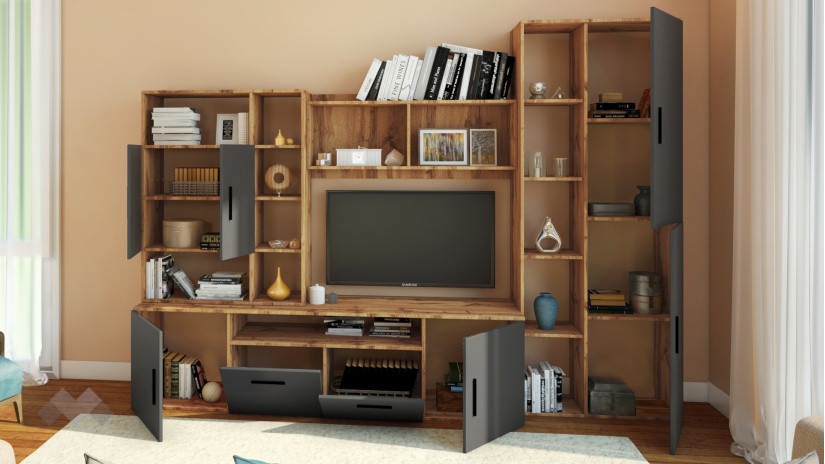 Секция Оскар с открити рафтове дъб дакота с графит - изглед 2 - МебелМаг Секция Оскар с открити рафтове дъб дакота с графит - изглед 2