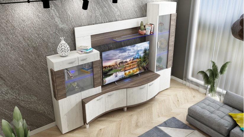 Секция Плей с LED осветление дъб крафт бял с винтидж - изглед 2 - МебелМаг Секция Плей с LED осветление дъб крафт бял с винтидж - изглед 2