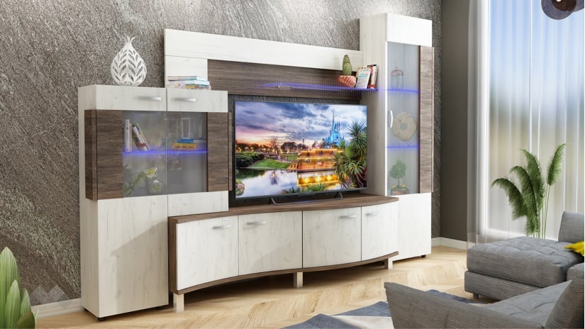 Секция Плей с LED осветление дъб крафт бял с винтидж - изглед 1 - МебелМаг Секция Плей с LED осветление дъб крафт бял с винтидж - изглед 1