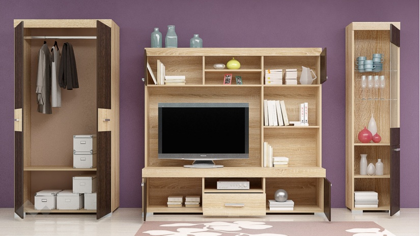 Секция Прага с гардероб венге с дъб сонома - изглед 2 - МебелМаг Секция Прага с гардероб венге с дъб сонома - изглед 2