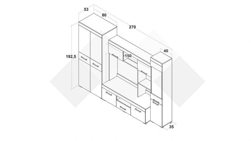 Секция Рен с гардероб дъб бланко с антрацит - изглед 3 - МебелМаг Секция Рен с гардероб дъб бланко с антрацит - изглед 3