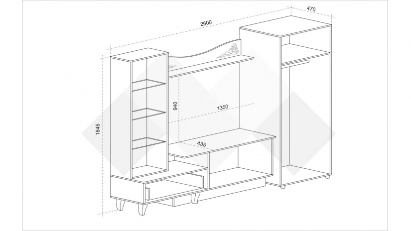 Секция Роксана с витрина бял гланц с мрамор - изглед 2 - МебелМаг Секция Роксана с витрина бял гланц с мрамор - изглед 2