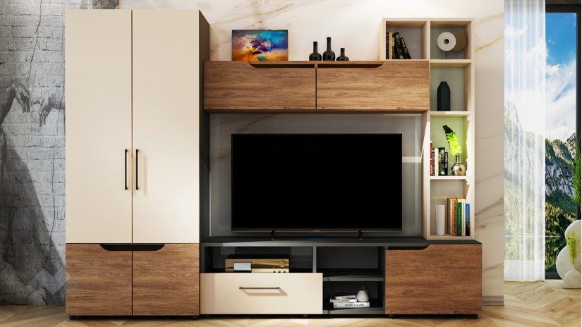 Секция Сенс с гардероб графит с кашмир и денвър - изглед 1 - МебелМаг Секция Сенс с гардероб графит с кашмир и денвър - изглед 1