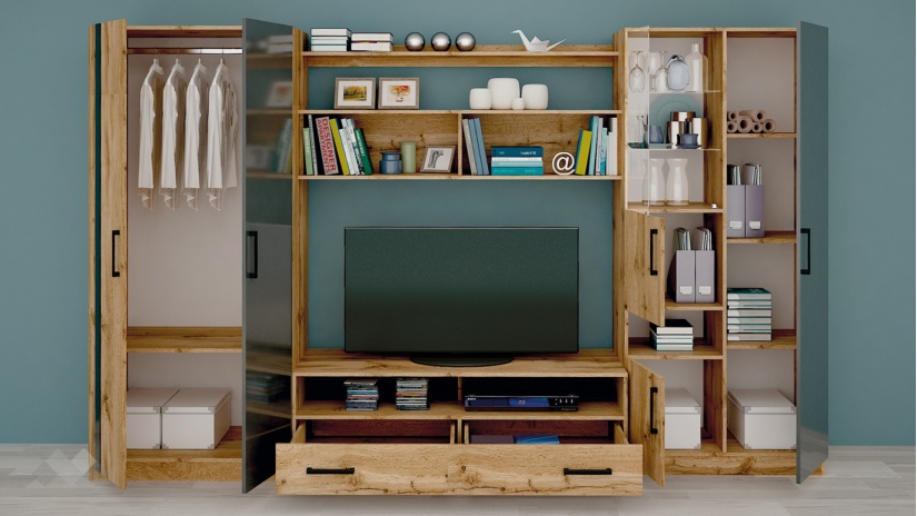 Секция Скарлет с гардероб дъб вотан светъл с антрацит гланц - изглед 2 - МебелМаг Секция Скарлет с гардероб дъб вотан светъл с антрацит гланц - изглед 2