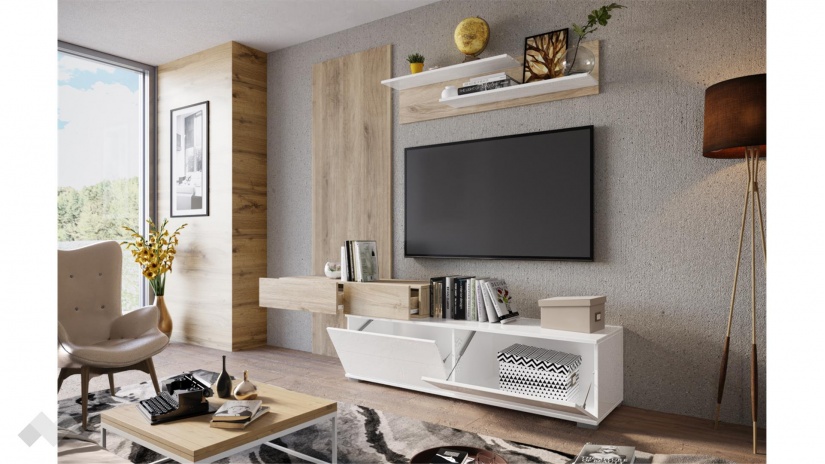 Секция Таласа с открити рафтове сонома арвен с бяло гланц - изглед 3 - МебелМаг Секция Таласа с открити рафтове сонома арвен с бяло гланц - изглед 3