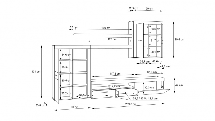 Секция Зумба с LED осветление дъб артисан с пясък - изглед 2 - МебелМаг Секция Зумба с LED осветление дъб артисан с пясък - изглед 2