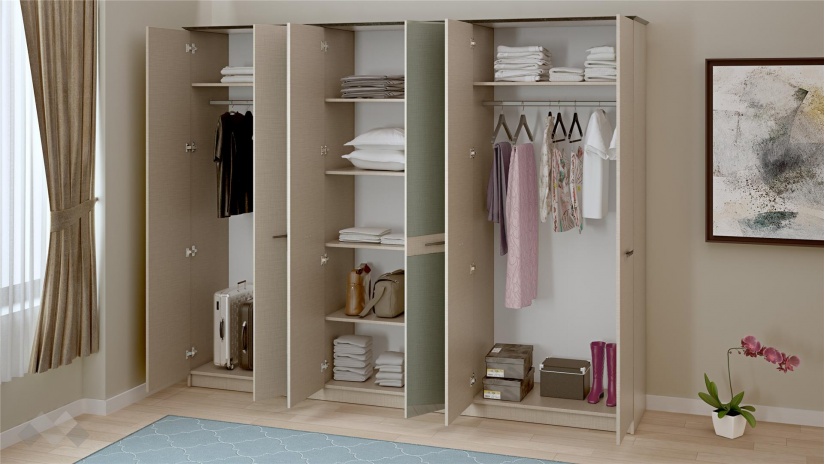 Гардероб Салвадор шесткрилни памучно бежов с атрацит - изглед 2 - МебелМаг Гардероб Салвадор шесткрилни памучно бежов с атрацит - изглед 2