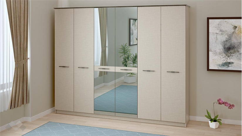 Гардероб Салвадор шесткрилни памучно бежов с атрацит - изглед 1 - МебелМаг Гардероб Салвадор шесткрилни памучно бежов с атрацит - изглед 1