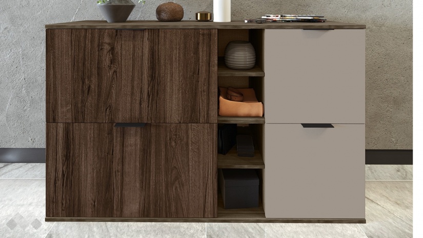 Шкаф за обувки Поситано дъб дилън тъмен с капучино мат и пасифик - изглед 1