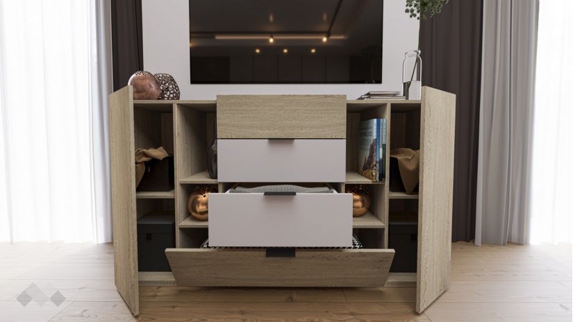 Скрин Емили дъб кота кремона с кашмир - изглед 2 - МебелМаг Скрин Емили дъб кота кремона с кашмир - изглед 2