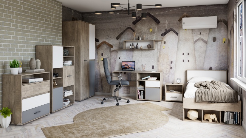 Скрин Мито дъб суров с бяло и кобалтово сиво - изглед 2