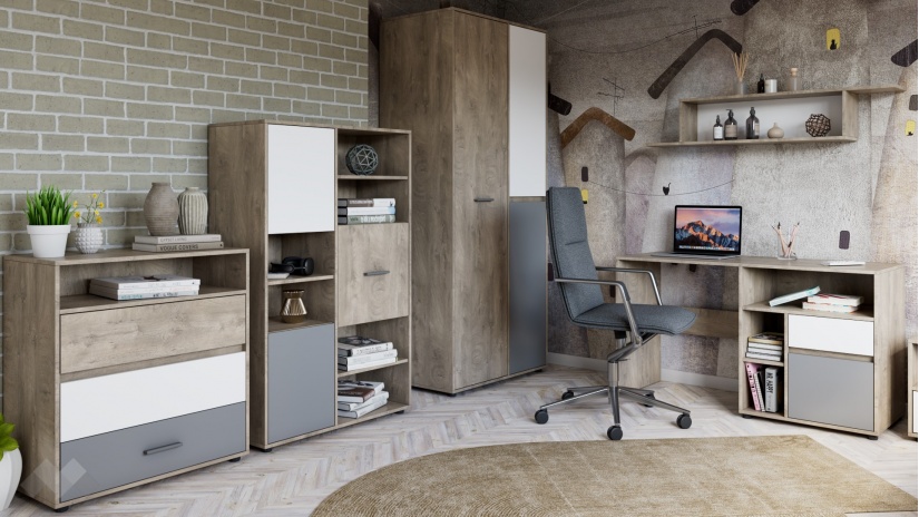 Скрин Мито дъб суров с бяло и кобалтово сиво - изглед 3