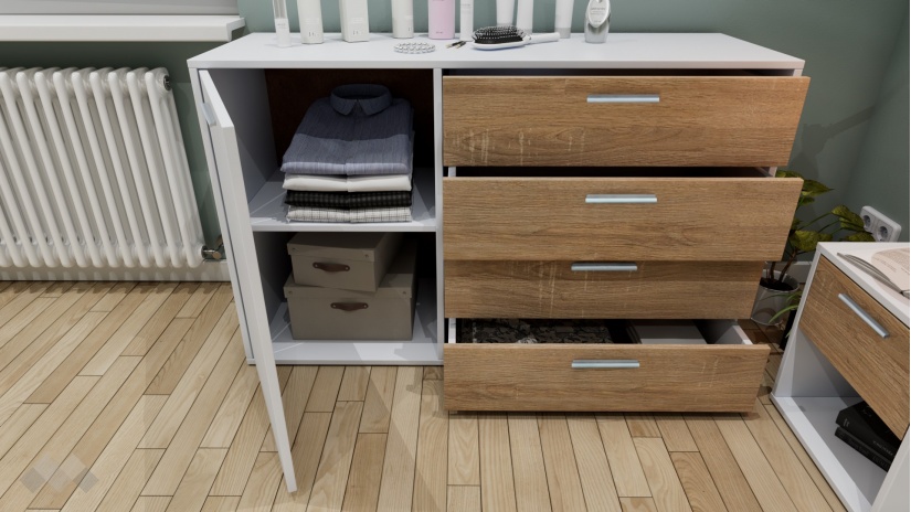 Скрин Жизел бяло гладко с дъб сонома - изглед 2 - МебелМаг Скрин Жизел бяло гладко с дъб сонома - изглед 2