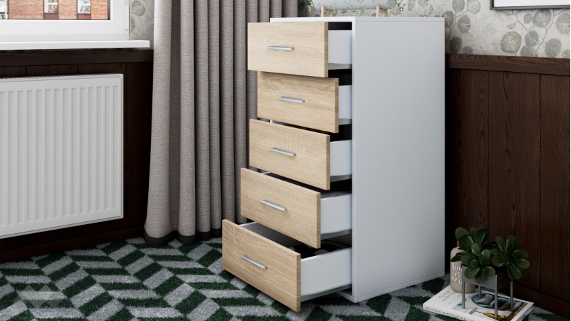 Скрин Жизел бяло гладко с дъб сонома - изглед 2 - МебелМаг Скрин Жизел бяло гладко с дъб сонома - изглед 2