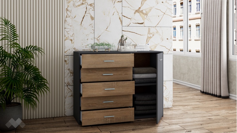 Скрин Жизел антрацит с дъб сонома - изглед 2 - МебелМаг Скрин Жизел антрацит с дъб сонома - изглед 2