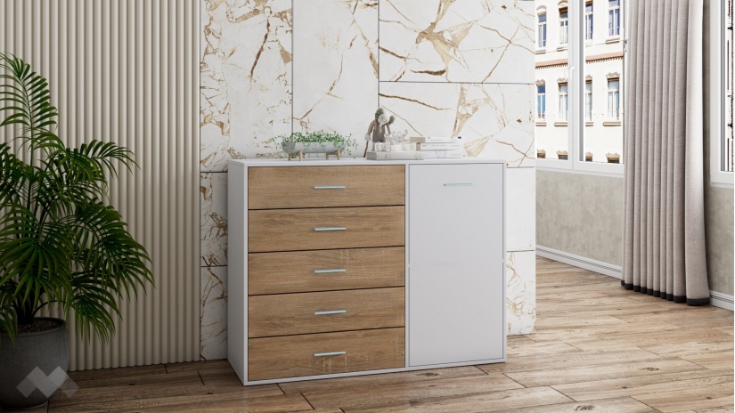 Скрин Жизел бяло гладко с дъб сонома - изглед 1 - МебелМаг Скрин Жизел бяло гладко с дъб сонома - изглед 1