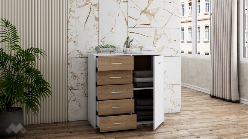 Скрин Жизел бяло гладко нс дъб сонома - изглед 2 - МебелМаг Скрин Жизел бяло гладко нс дъб сонома - изглед 2