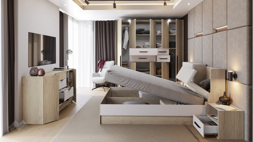 Спален комплект със скрин дъб кота кремона с кашмир - изглед 3 - МебелМаг Спален комплект със скрин дъб кота кремона с кашмир - изглед 3