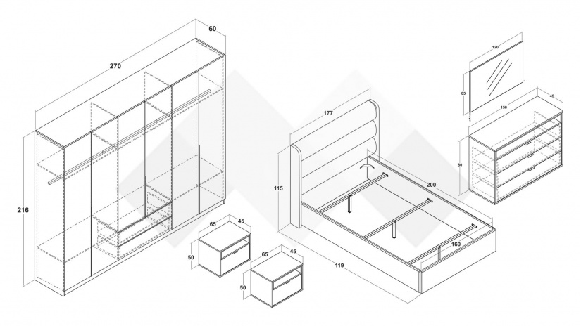 Спален комплект Барса дъб арканзас с травертин - изглед 2