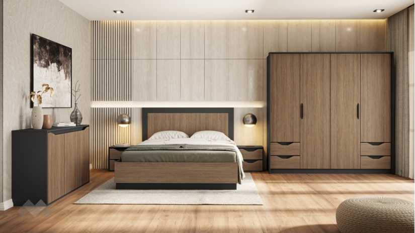 Спален комплект Ейприл с включен матрак Бонел 160/200 орех линеа с графит - изглед 1