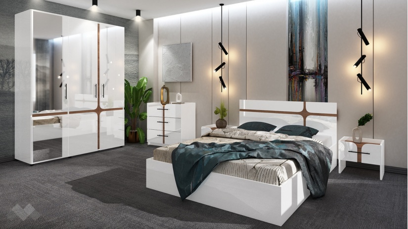 Спален комплект със скрин бял гланц с денвър - изглед 1 - МебелМаг Спален комплект със скрин бял гланц с денвър - изглед 1