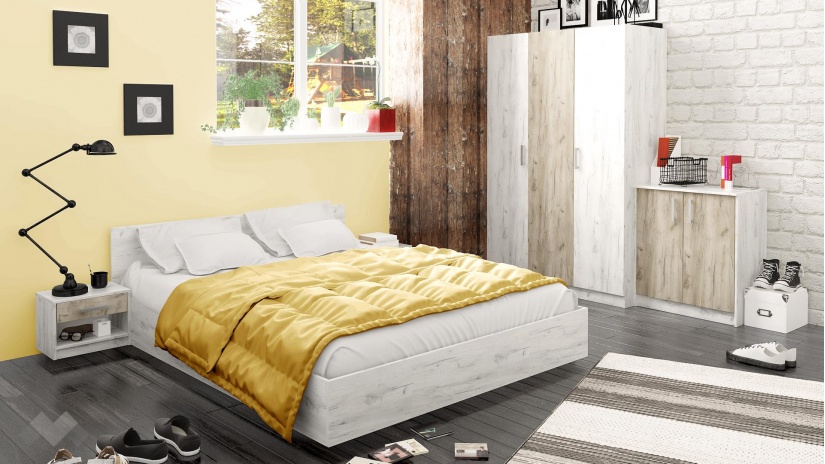 Спален комплект Ентърпрайс с включен матрак Бонел 160/200 дъб крафт бял с дъб крафт сив - изглед 1 - МебелМаг Спален комплект Ентърпрайс с включен матрак Бонел 160/200 дъб крафт бял с дъб крафт сив - изглед 1