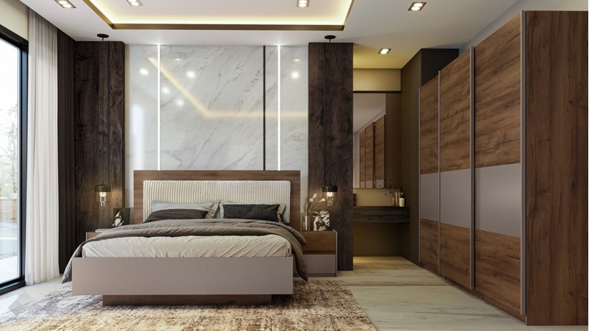 Спален комплект Калатрава кафяв дъб пиемона с лате - изглед 2 - МебелМаг Спален комплект Калатрава кафяв дъб пиемона с лате - изглед 2