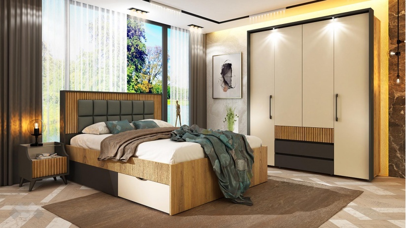 Спален комплект Кинг графит с дъб евок и кашмир - изглед 1