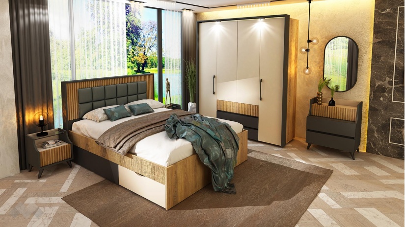 Спален комплект със скрин с огледало графит с дъб евок и кашмир - изглед 1 - МебелМаг Спален комплект със скрин с огледало графит с дъб евок и кашмир - изглед 1