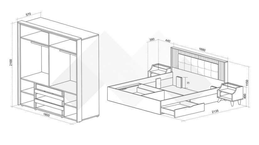 Спален комплект Кинг графит с дъб евок и кашмир - изглед 2