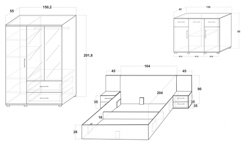 Спален комплект Ламела Л1 дъб канела с дъб ламела и черно шагре - изглед 2