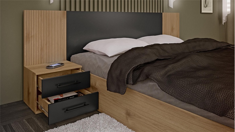 Спален комплект Ламела Л3 дъб канела с дъб ламела и черно шагре - изглед 4 - МебелМаг Спален комплект Ламела Л3 дъб канела с дъб ламела и черно шагре - изглед 4