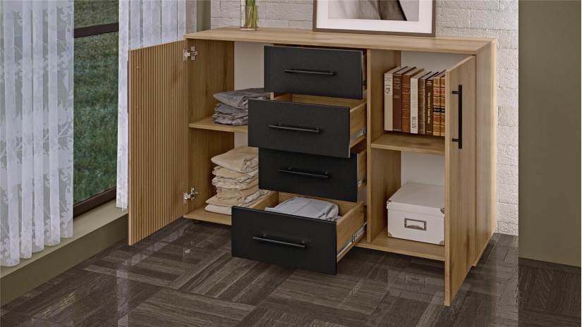 Спален комплект Ламела Л3 дъб канела с дъб ламела и черно шагре - изглед 6 - МебелМаг Спален комплект Ламела Л3 дъб канела с дъб ламела и черно шагре - изглед 6