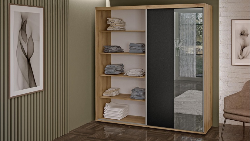 Спален комплект Ламела Л3 дъб канела с дъб ламела и черно шагре - изглед 9 - МебелМаг Спален комплект Ламела Л3 дъб канела с дъб ламела и черно шагре - изглед 9